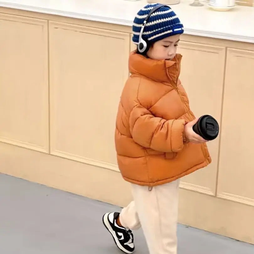 Children Boys Short Thick Parkas Standing Collar Silk Floss Bread Jacket for Boy Girl Letter Warm Solid Toddler Boys Winter Coat