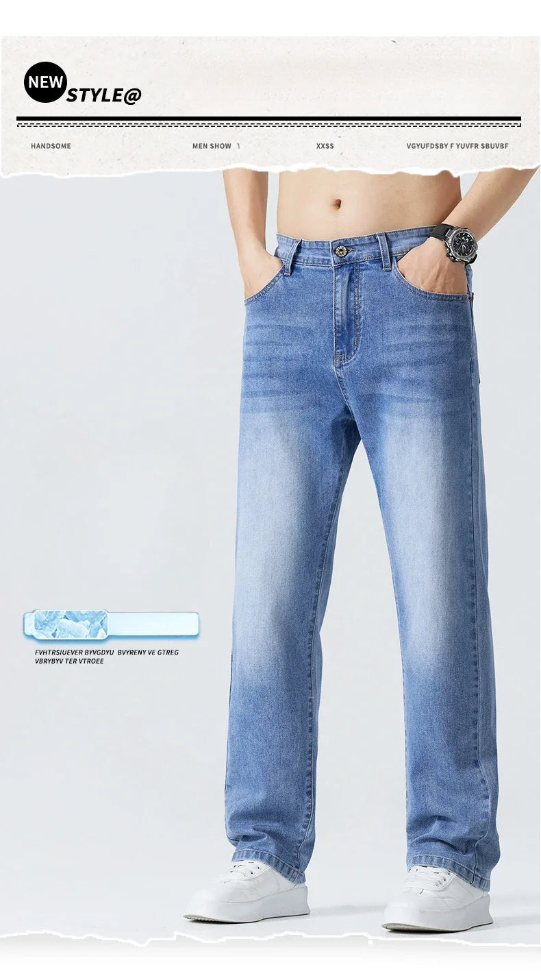 Summer Thin Straight Jeans Men's Clothing Soft Breathable Trousers Male Brand Comfortable Business Loose Denim Pants