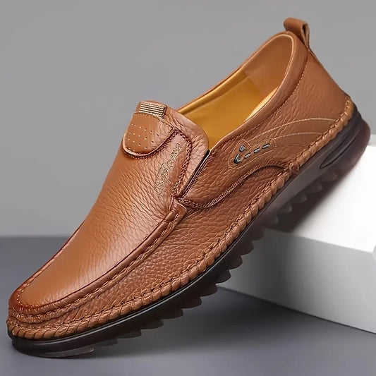 Classic Leather Loafers for Men - Elegant Beige Slip-On Shoes with Round Toe Ideal for Business and Casual Outfits