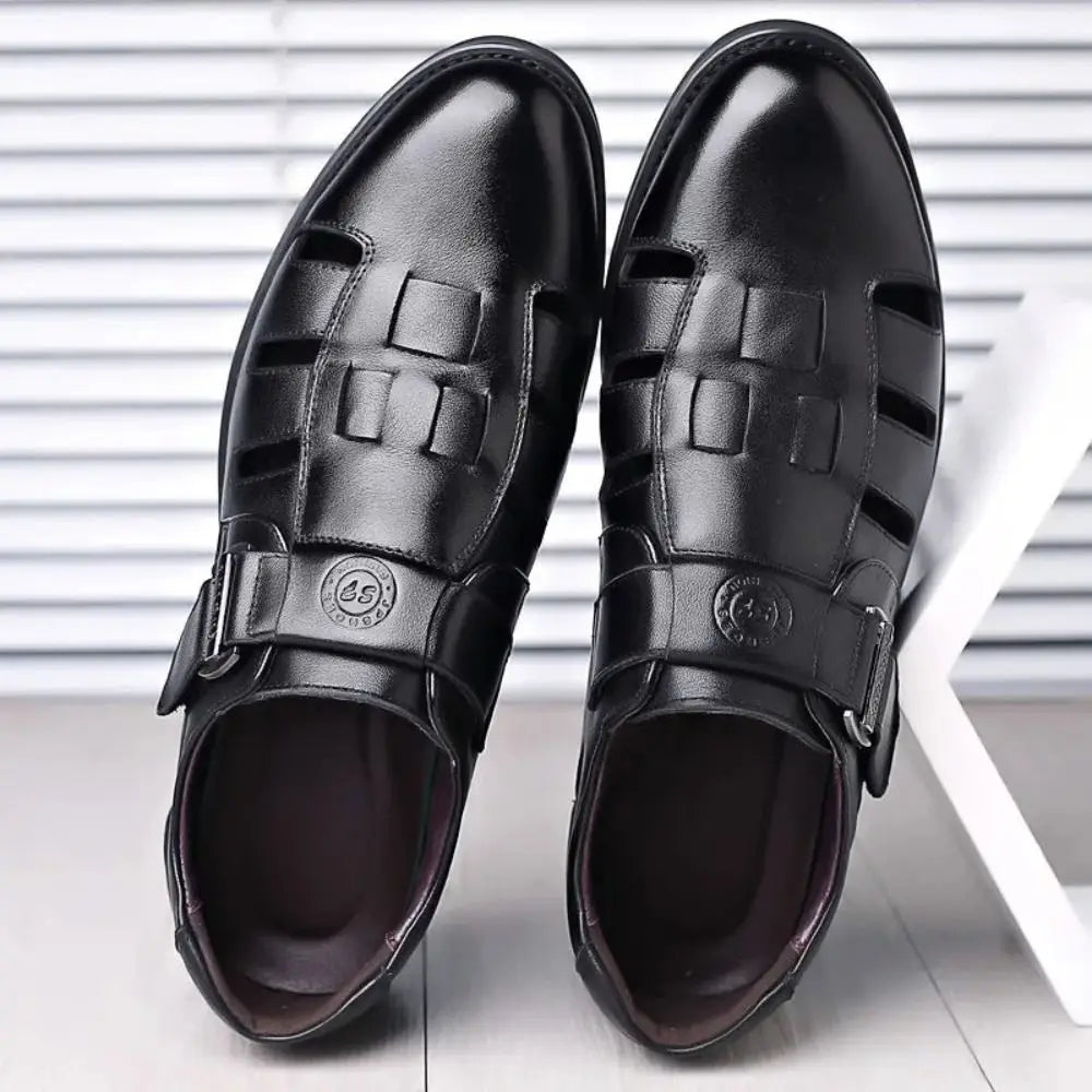 Classic Business PU Sandals Men Breathable Comfortable Hollow Leather Shoes Outwear Beachwear Men's Slippers Shoes Male
