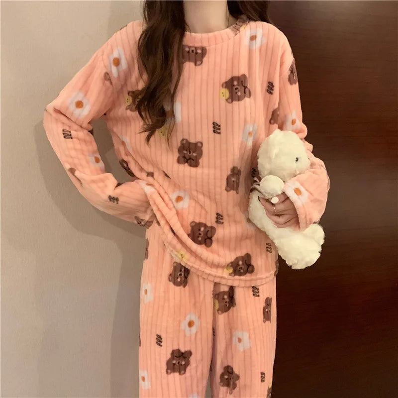 Thickened Coral Fleece Printed Sleepwear Set Women's Autumn Winter Fashion plus Size Warm Home Clothes Long Sleeve Long Pants