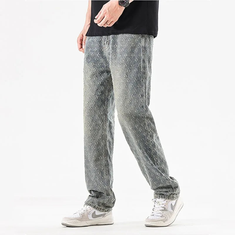 2025 Jacquard Full Print High Street Trendy Brand Ins Design Sense Jeans Loose Straight Tube Washed Wide Leg Long Pants