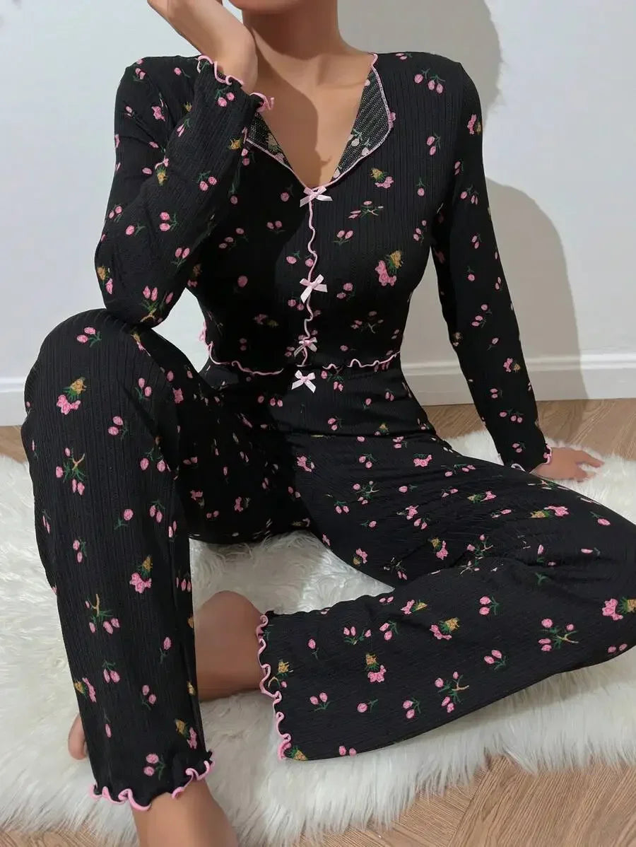 Women Sleepwear Autumn Winter Floral Print Pajamas Set Long Sleeve Top and Long Pants 2 Piece Casual Homewear Loungewear