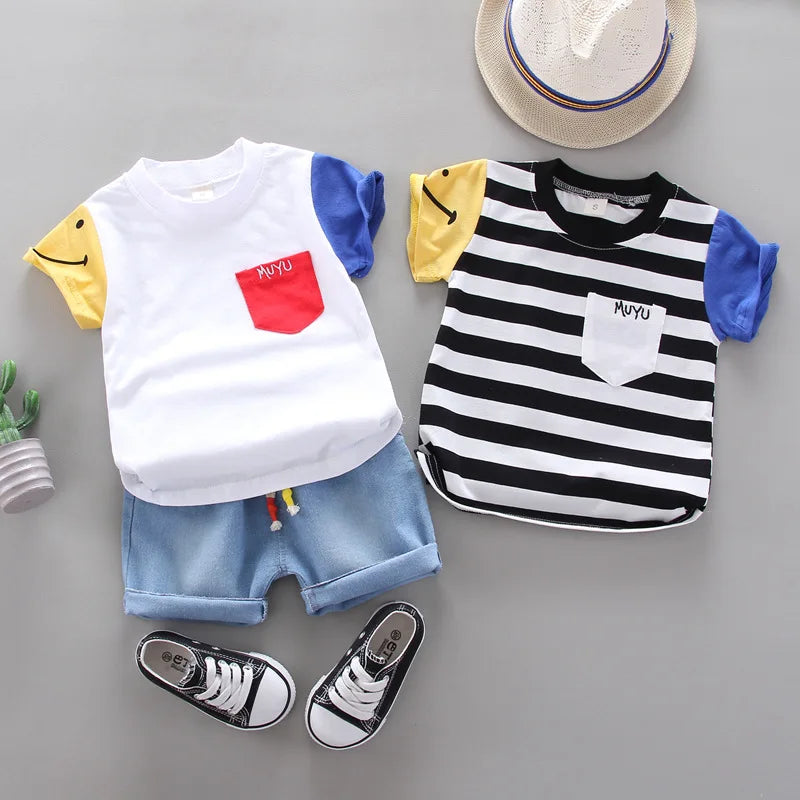 Korean Version Baby  Short-Sleeved Clothing Suits Summer Cotton Children's T-Shirt + Denim Shorts Sets Handsome