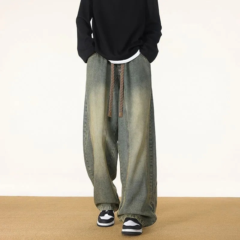Trendy Wide Leg Knife Edge Jeans Men's Loose Straight Leg Long Pants American Style Vintage Cotton Denim Spring New Arrival