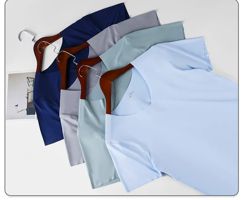 Summer Seamless Breathable Ice Silk T-Shirt Vest Men's Sports Short Sleeve T-shirt Solid Color V-neck Tees Quick Dry Shirt Tops