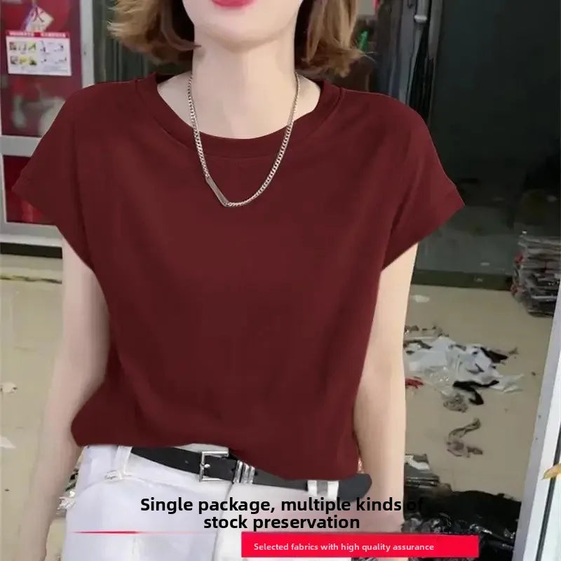 Ice Silk Loose Short Sleeve Crew Neck T-Shirt Knitted Polyester Fiber Summer Basic Top Ice Thread Decorated Bottom Shirt