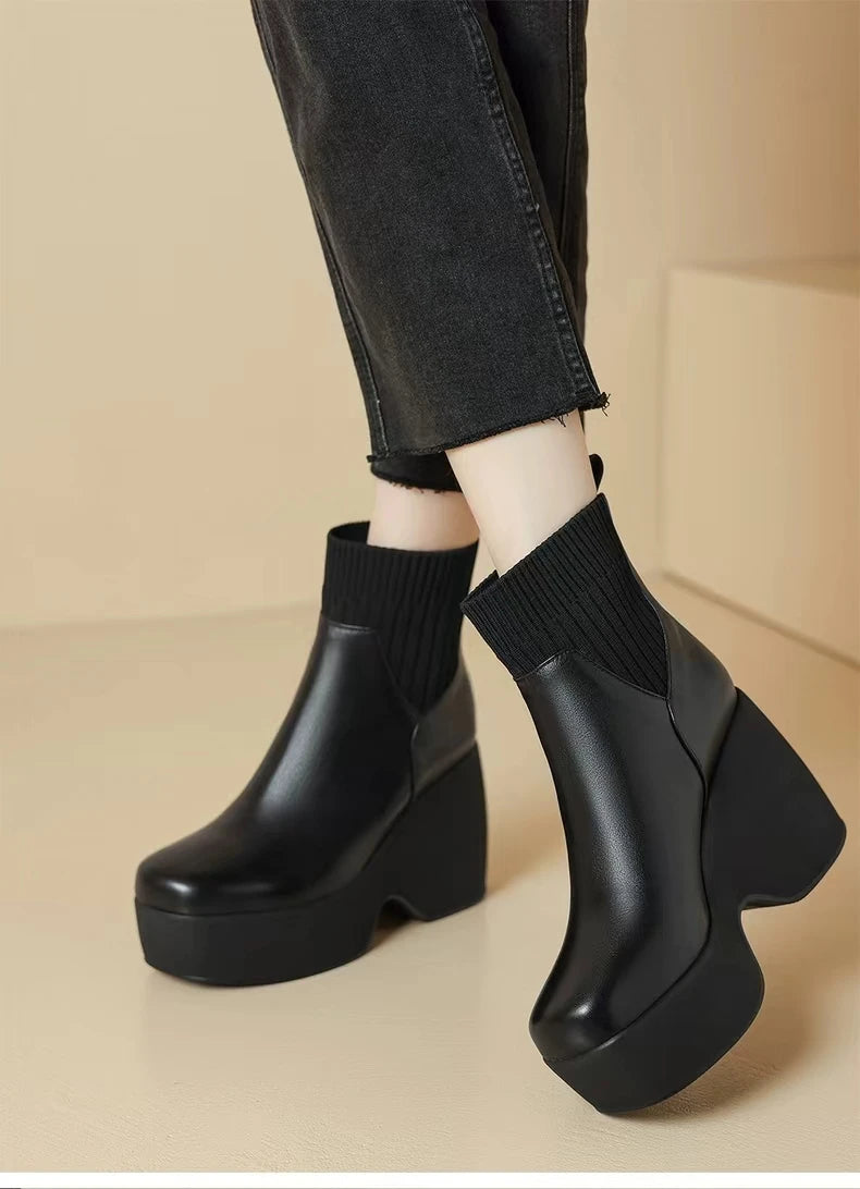 Comfortable Fashion Soft Leather Boots Women's Platform 2024 Winter Warm Round Head Flexible Med Block Sock Mom Ankle Boots