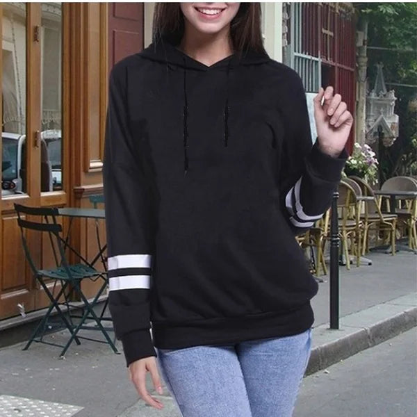 New Autumn Womens Hoodie Long-Sleeved Lazy Style Top Daily Striped Slim Fit Sweatshirts Solid Color Versatile Casual Tracksuit