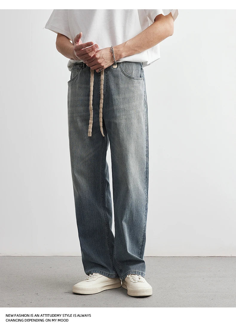 Men's Japanese Retro Jeans 2025 Summer New Fashion Personality Straight Elastic Waist Straight Jeans Loose Casual Jeans Pants