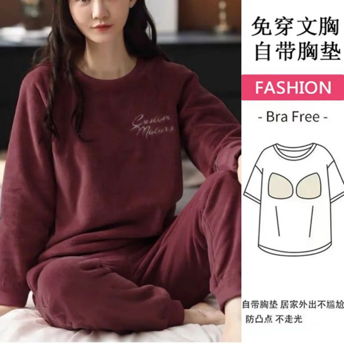 Thickened Long Sleeve Home Clothes Set with Chest Pad Winter Coral Fleece Korean Style Student Cute Large Size Home Clothes Set