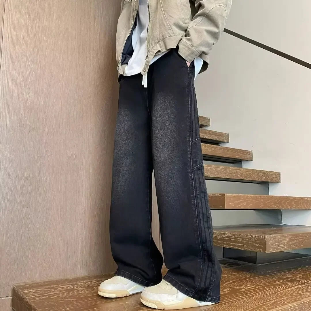 American Style Retro Men's Straight Leg Jeans Spring Autumn Trendy High Street Loose Wide Leg Long Pants Water Washed