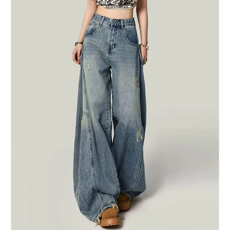 New Designer Women Thin Solid Jeans Girls Fashion High Waist Straight Leg Pants Lady Chic Ripped Baggy Denim Trousers
