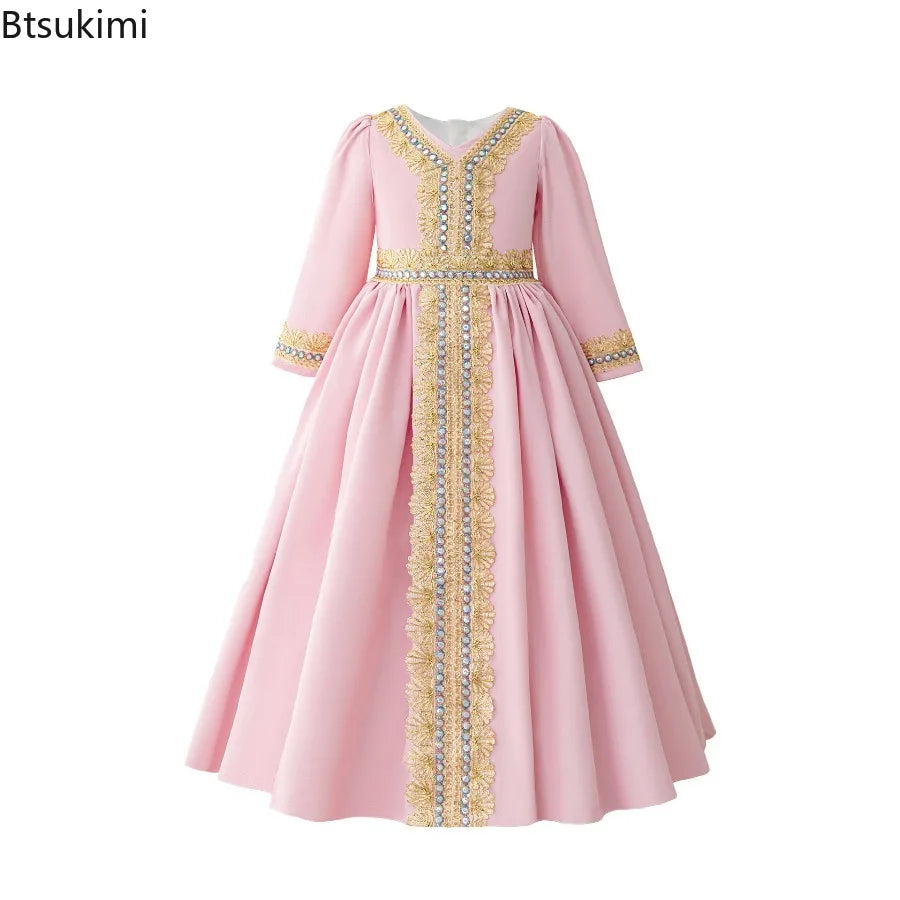 Middle Eastern Arabian Kids Robe Splice Embroidered Belt Dress Muslim Long Sleeve Abayas Dubai Islam Girls Lace Dress Party Gown