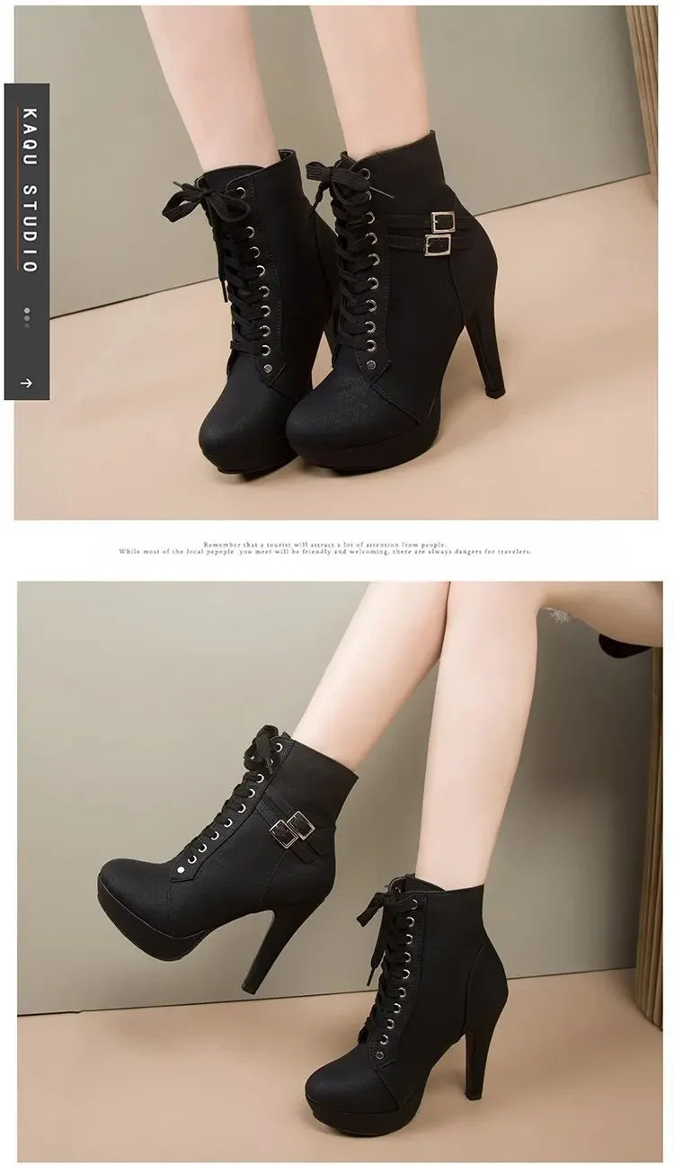 Women High Heels Platform Ankle Boots 2025 Autumn Winter Fashion Thick Heel Cross Strap Boots Female Belt Buckle Short Booties