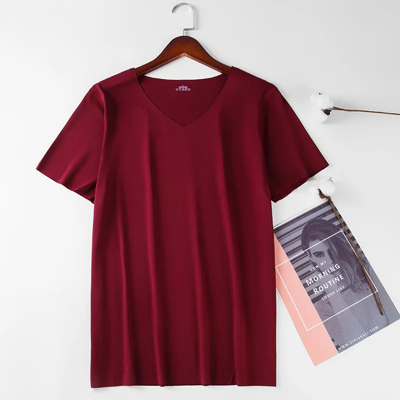 Summer Seamless Breathable Ice Silk T-Shirt Vest Men's Sports Short Sleeve T-shirt Solid Color V-neck Tees Quick Dry Shirt Tops