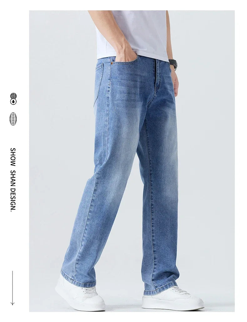 Summer Thin Straight Jeans Men's Clothing Soft Breathable Trousers Male Brand Comfortable Business Loose Denim Pants