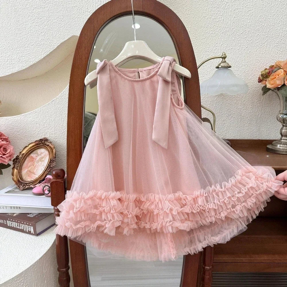 Pink Dreamy Sweet Girl Fairy Princess Dress Sleeveless Bow Decoration Mesh Lace Children's Casual Clothes Birthday Party Summer