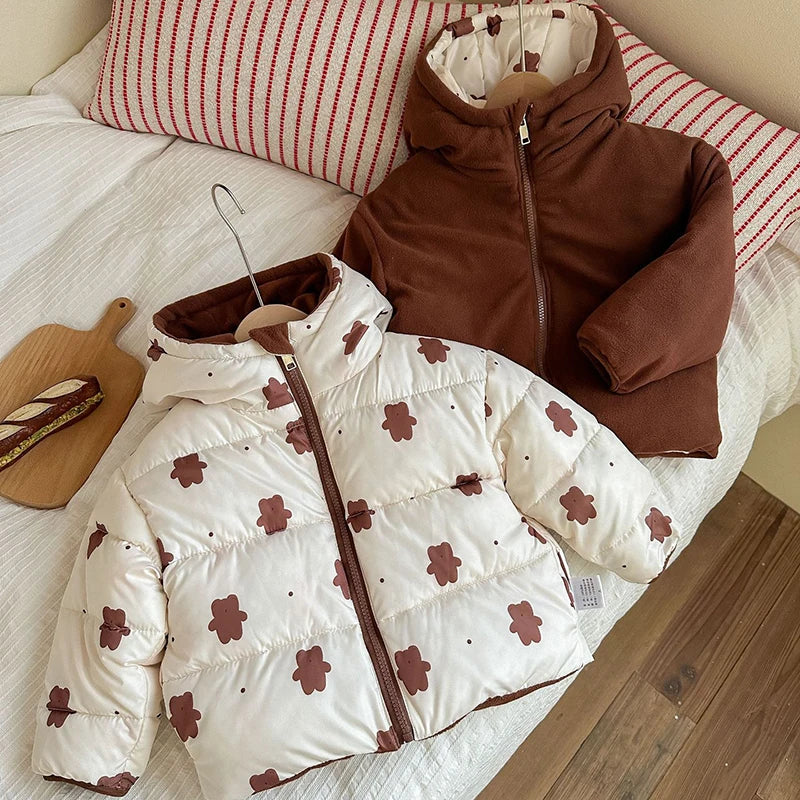 Can Be Worn On Both Sides Autumn Winter Boys Girls Jacket Cute Rabbit Ears Thicken Keep Warm Hooded Down Cotton Outwear For Kids