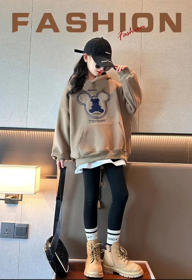 2026 girls clothes spring winter sweatshirt bear t-shirt hooded + stretch pants leggings teens children set 8 9 10 11 12 year