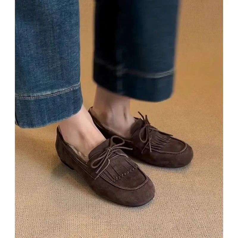 Shoes for Women 2024 Hot Sale Warm Women's Flats Daily Casual Flats Women Bow Tie Fringe Round Toe Soft Bottom Shoes Ladies
