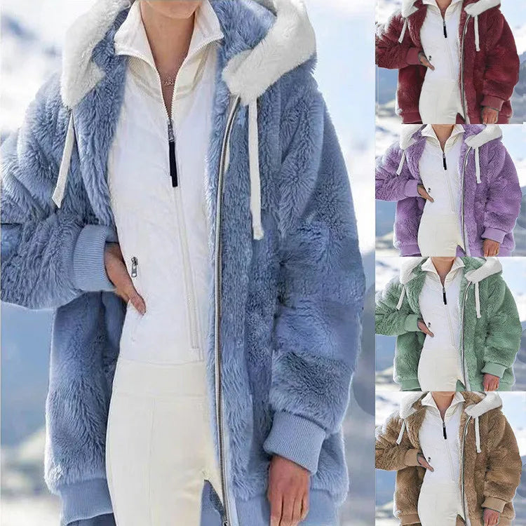Women Fleece Sweatshirts Autumn Winter Long Sleeve Tie Collar Hoodie Zip Up Cardigan Coats Outwear Female OUFY-9910