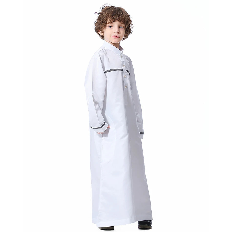 Ramadan Eid Islamic Boys Long Robe Children Traditional Arab Thobe Thawb Caftan Solid Color Long Sleeve Stand Collar with Pocket