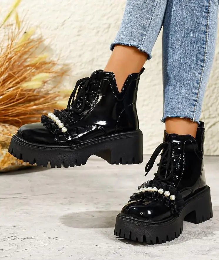 Black Platform Casual Women's Ankle Boots 2025 New Designer Autumn Winter British Style Boots Shoes for Women Botas De Mujer