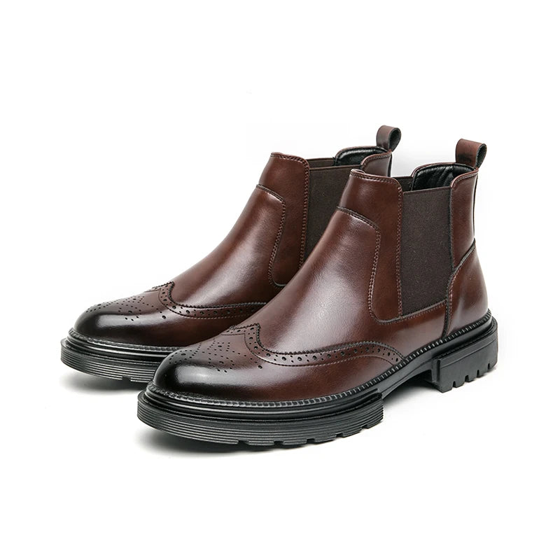 Men's riding boots British-style retro brogue carved high-top leather shoes men's casual leather shoes thick-soled leather boots