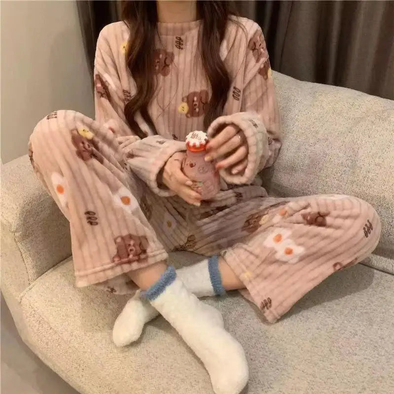 Autumn Winter Plu Print Bear Home Clothes Set Comfortable Long Sve Crew Ne Sweatirt And Pants Spwear for Young Women