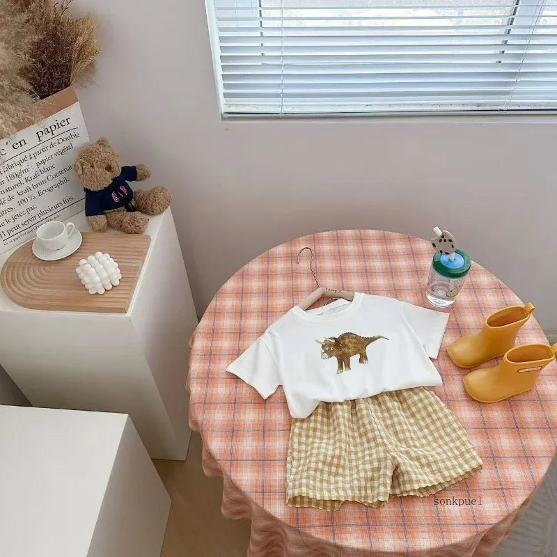 2Pcs Baby Clothes Set Newborn Boys Casual Dinosaur Print Short Sleeved T-shirt+plaid Shorts Toddler Girl Summer Kids Outfit Set