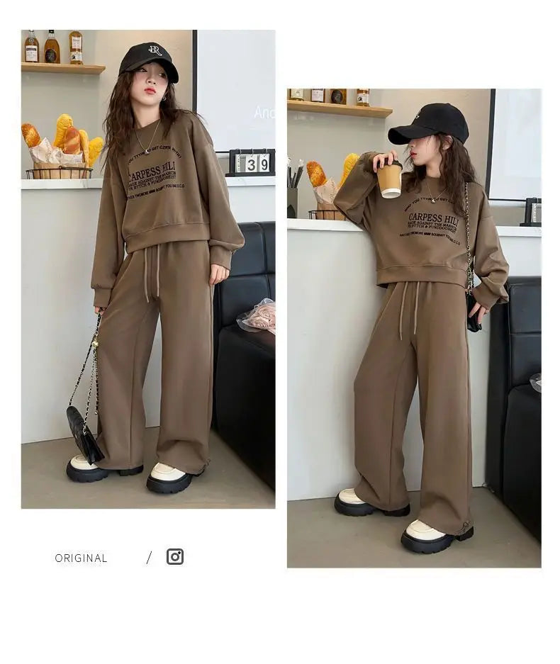 2025 autumn winter kids Girls Clothes Suit Child letters sweatshirt crop top + wide leg pant Tracksuit 4 5 6 7 8 9 10 11 12 year