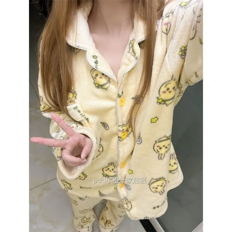 Chikawa Flannel Pjs Thicken Winter Usagi Long Sleeved Pajama Pants Set for Women Plus Velvet Cute Blue Hachiware Home Clothes