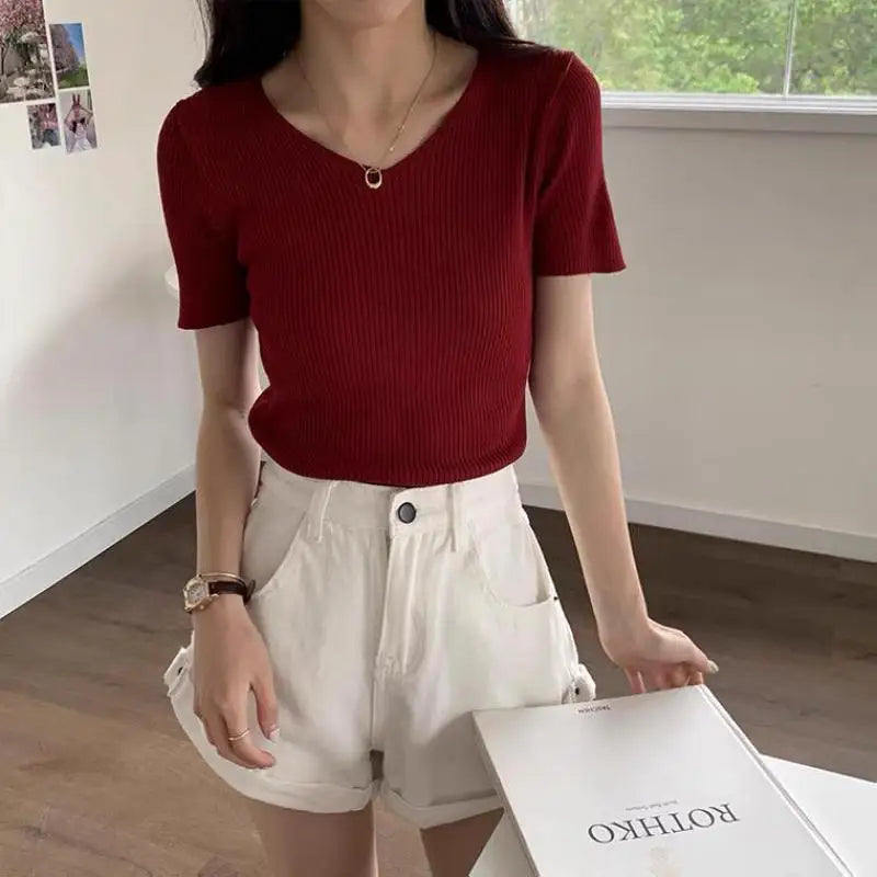 2026 Basic V-neck Solid Thin Summer Women Pullover Female Knitted Ribbed Sweater Slim Short Sleeve Bodycon Sweater