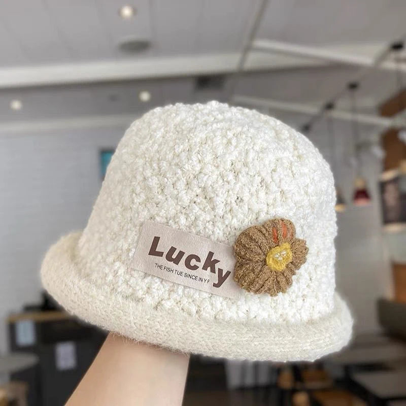 Winter Warm Baby Knitted Bucket Hat Sweet Crochet Flower Girls Curled Fisherman Hats 2-8Year Children Thicken Woolen Basin Cap