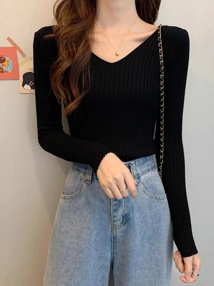 2026 Fashion Casual Long Sleeve Knitted Sweaters Korean Autumn Winter V Neck Sweater Solid Color Slim Pullovers Women Clothes