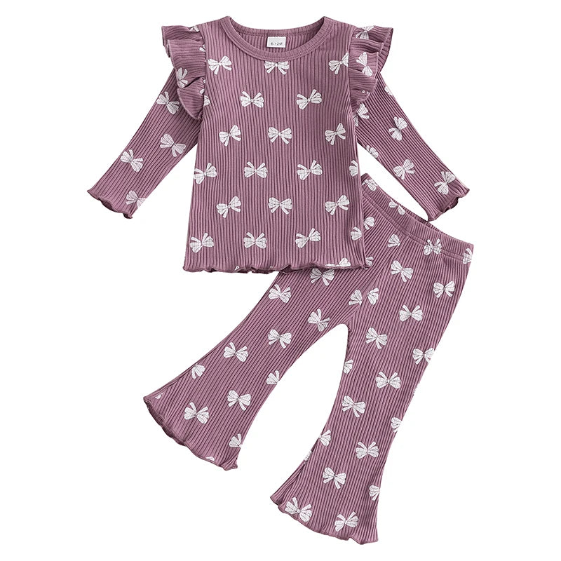 Pudcoco Kid Infant Baby Girls Pants Set, Bow Print Long Sleeve Crew Neck T-shirt with Flare Pants Fall Outfit 6M-4T