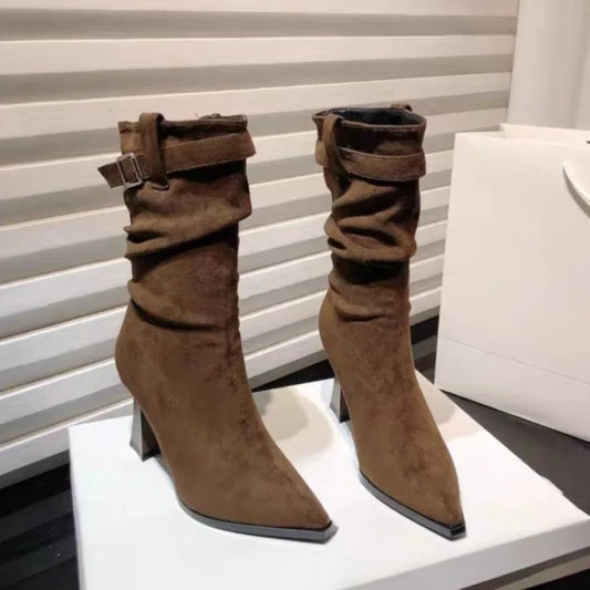 High Heeled Single Boots Women's Fashion Pointed Toe Suede Metal Buckle Anti-slip Wear-resistant Mid-leg Boots