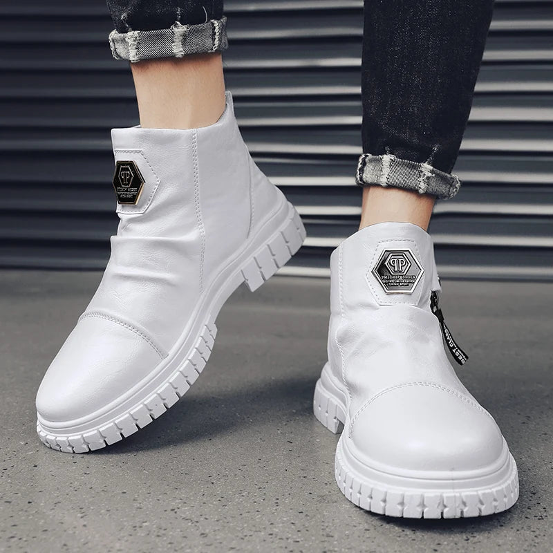 Fashion Mens Ankle Boots British Style High Top Casual Shoes Outdoor Walking Shoes Non-slip Work Boots Comfortable Leather Boots