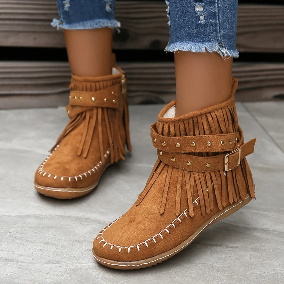 Botines Autumn Women Shoes Flat Heel Ankle Boots Retro Suede Tassel Women Boots Fashion Round Toe Soft Sole Short Boots Casual