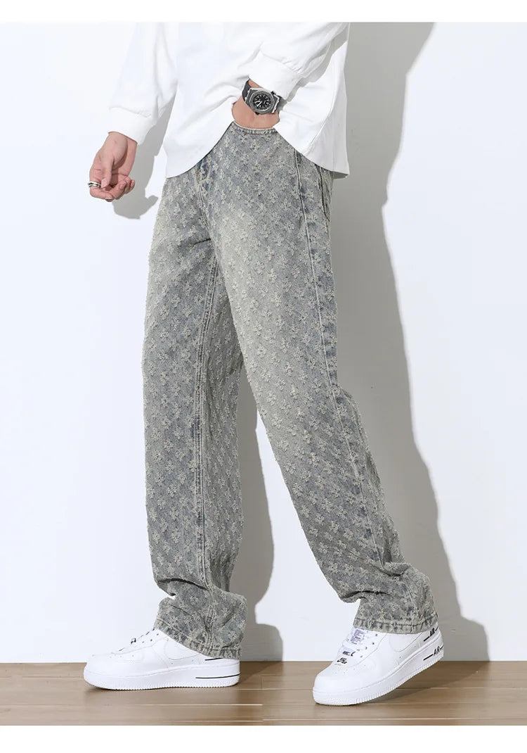 2025 Jacquard Full Print High Street Trendy Brand Ins Design Sense Jeans Loose Straight Tube Washed Wide Leg Long Pants
