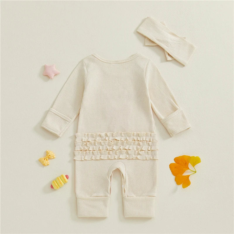 Newborn Baby Girls 2Pcs Fall Romper Outfits Long Sleeve Round Neck Bow Letter Embroidery Jumpsuit with Headband Set