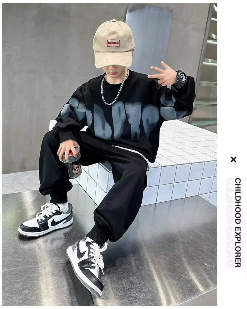 2025  winter autumn Boys Clothes Set cotton loose Sweatshirt hooded + Pants Tracksuits Kids Suit Children 4 8 9 10 11 12 14 Year