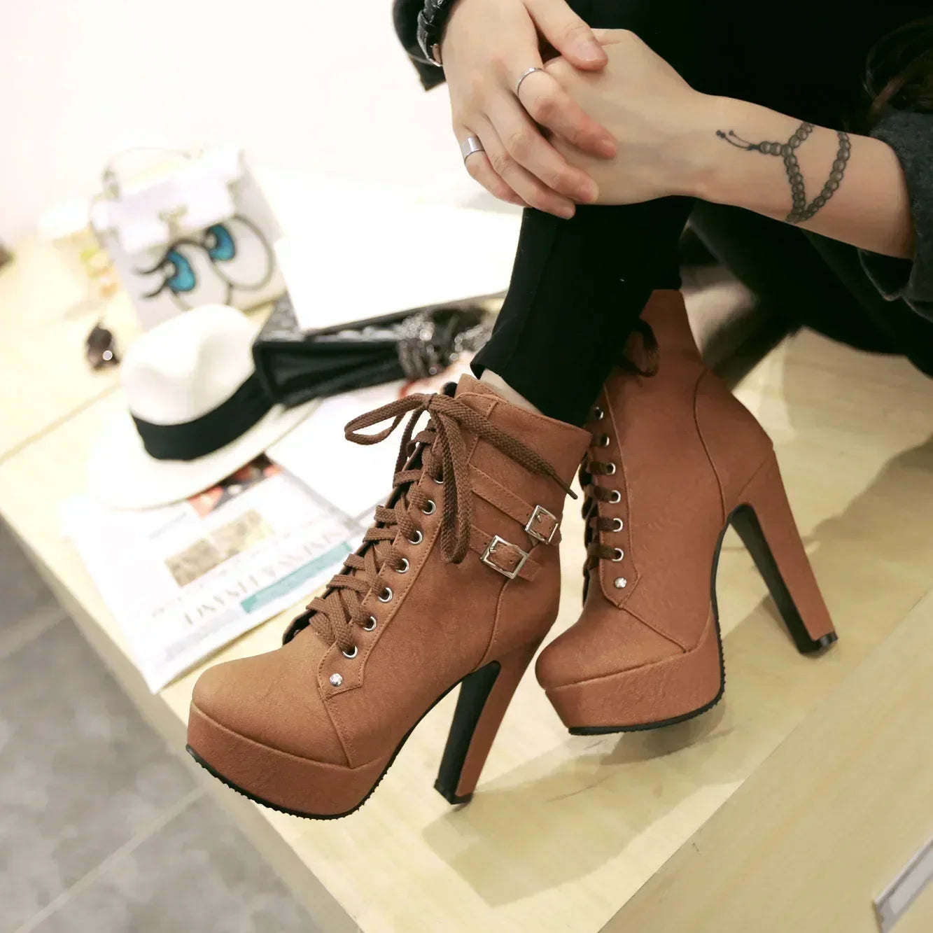 2025 New Women's Pumps Shoes Womens Thick Sole Boots Lace Up Ladies Ankle Boots Comfortable Stiletto Heels Botas Altas Mujer