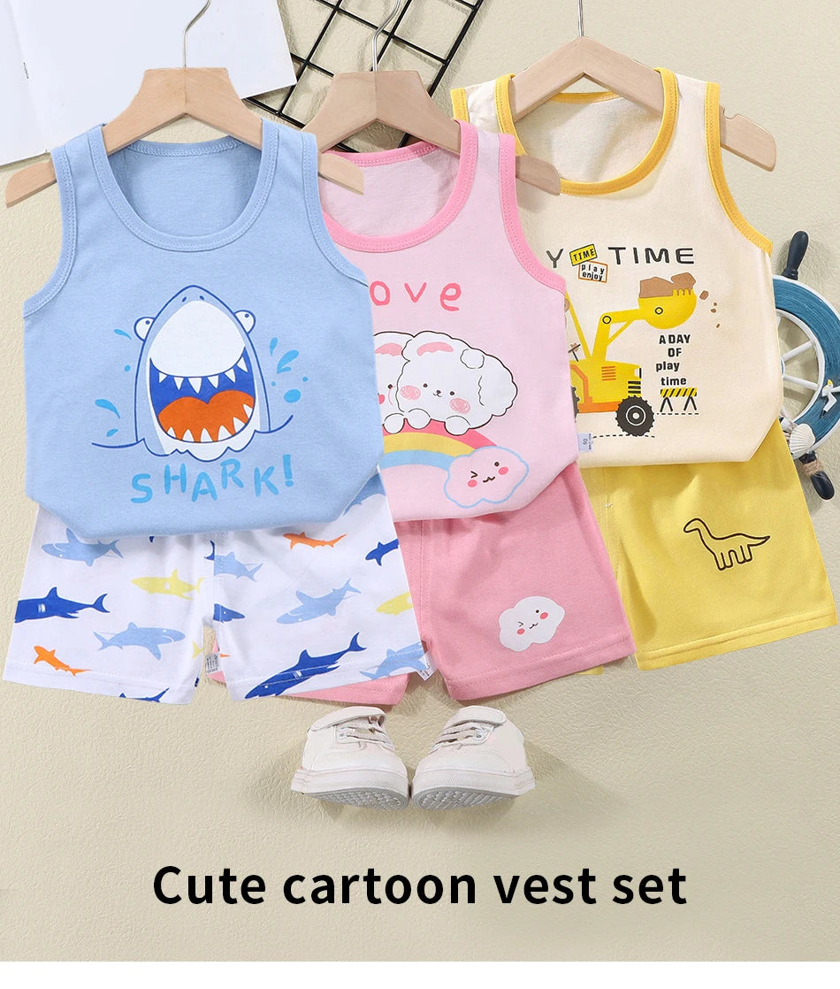 2 Pcs Summer Children's Animal Cartoon Print Vest Sets Girls Clothes Baby Korean Thin Boys Kids Sleeveless Casual Clothing Sets