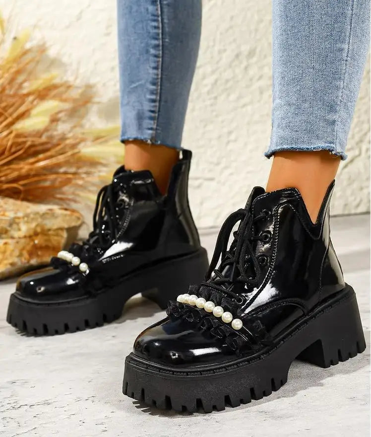 Black Platform Casual Women's Ankle Boots 2025 New Designer Autumn Winter British Style Boots Shoes for Women Botas De Mujer