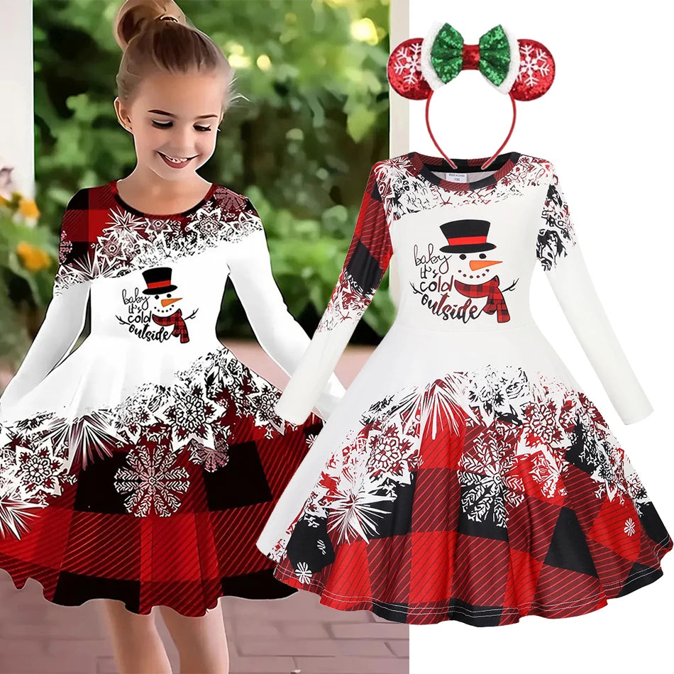 Kids Christmas Dress For Girls Clothes Autumn Winter 2026 New Children Cute Cartoon Print Long Sleeve Xmas Party Casual Dress