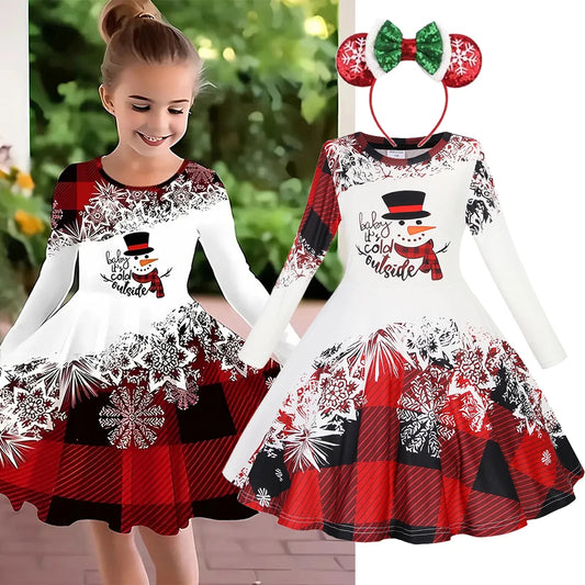 Kids Christmas Dress For Girls Clothes Autumn Winter 2026 New Children Cute Cartoon Print Long Sleeve Xmas Party Casual Dress