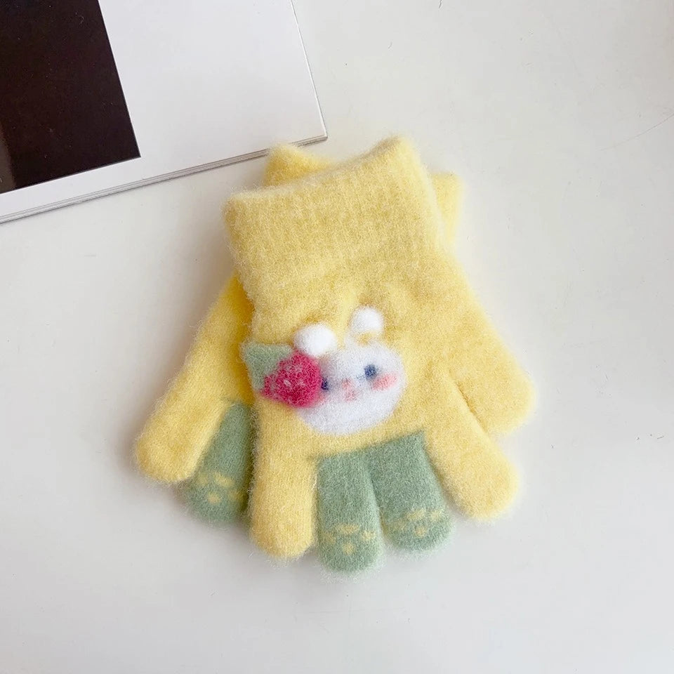 3-6Ages Children's Cute Strawberry Rabbit Kids Warm Gloves Autumn Winter Baby Boys Girls Five Finger Mittens Kindergarten Glove