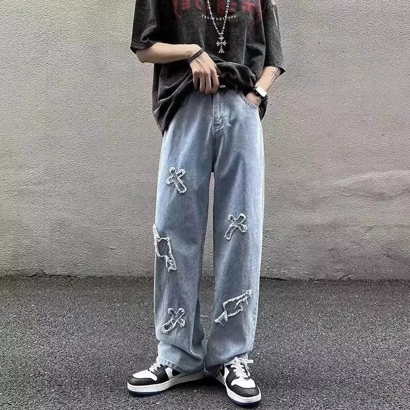 Men Straight Leg Denim Jeans Male New Fashion Casual Loose High Street Y2k Pants New Wide Leg Hip Hop Black Blue Pants